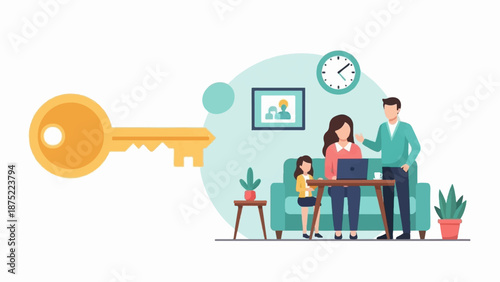 A family gathers around a laptop, with a key representing opportunity