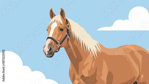 A light brown horse with a blonde mane, wearing a blue halter, stands against a blue sky with white clouds