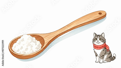 A cute tabby cat sits beside a wooden spoon filled with white granular substance
