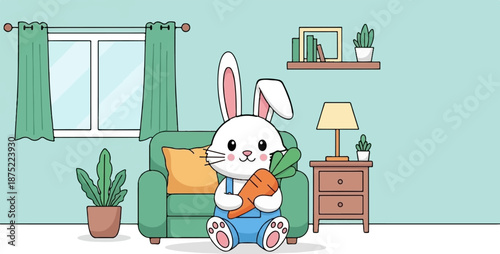 A cute white bunny in overalls sits on a couch holding a carrot in a cozy room