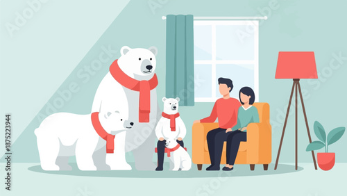 A family of polar bears with scarves and a couple in a living room