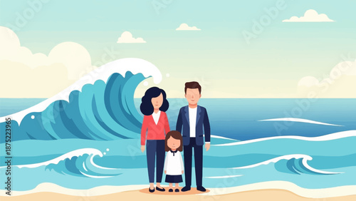 A family stands on a sandy beach before a large, crashing ocean wave