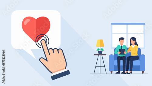 A hand clicks a heart icon next to two people on a sofa