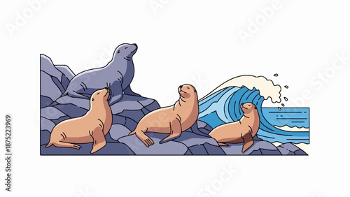 A group of sea lions bask on rocky shores as a wave crashes nearby