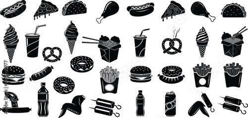 Diverse collection of popular fast food and delicious snack items presented in minimalist silhouette style