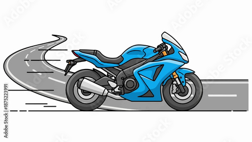 A fast blue sport motorcycle speeds down a winding highway