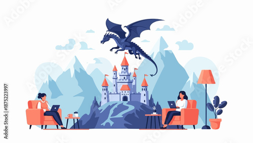 A fantastical mountain vista with a castle, dragon, and two people working on laptops