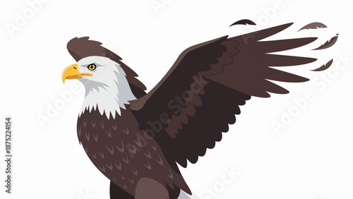 A majestic eagle, with wings spread, its sharp gaze fixed forward, feathers adrift