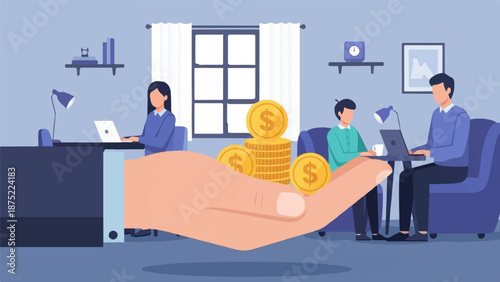 A hand offering coins to people working in an office setting