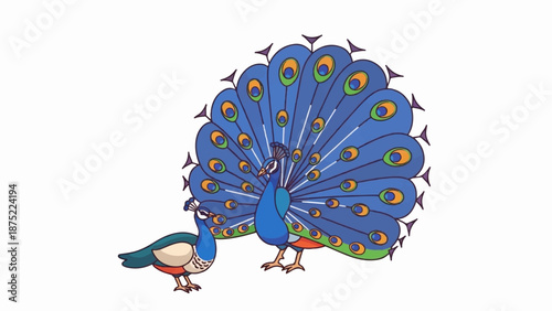 A majestic peacock displays its vibrant, fanned tail feathers beside a smaller, observing bird