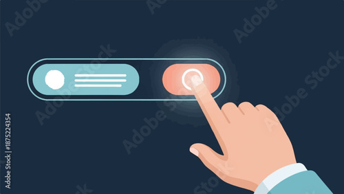 A finger presses a glowing button on a digital interface