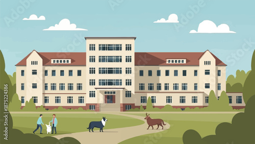 A flat, cartoonish illustration of a large, multi-story building with a red roof and many windows, set against a blue sky with white clouds