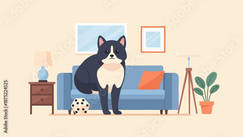 A playful black and white cat sits in a cozy living room with a couch, end table, lamp, plant, and dice
