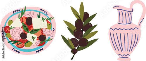 Mediterranean Greek food illustration, salad plate olives olive branch ceramic jug, traditional cuisine elements vector icons isolated design