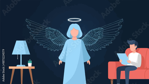 A person on a couch with a tablet, observed by a luminous angelic figure