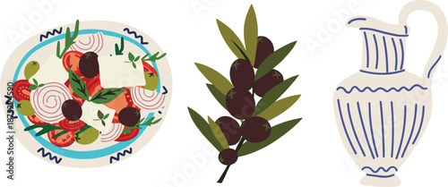 Mediterranean Greek food illustration, salad plate olives olive branch ceramic jug, traditional cuisine elements vector icons isolated design
