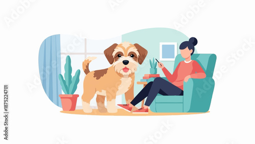 A person relaxes indoors with their dog, holding a phone