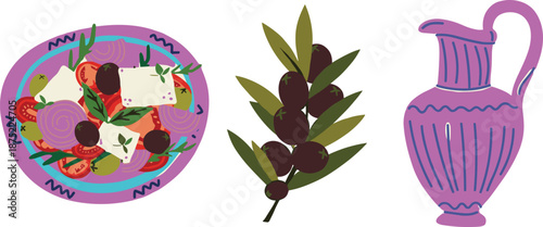 Mediterranean Greek food illustration, salad plate olives olive branch ceramic jug, traditional cuisine elements vector icons isolated design
