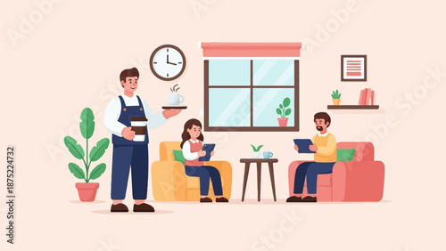 A person serves drinks to two individuals relaxing on couches while looking at tablets