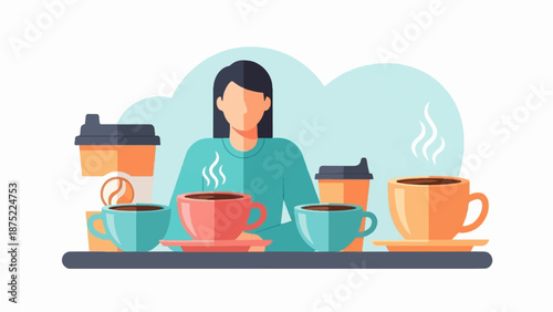 A person sits amidst a collection of steaming hot coffee cups and to-go containers