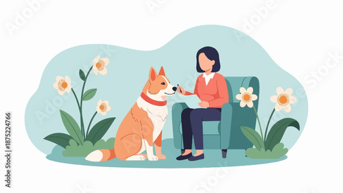 A person sits in a chair, interacting with a dog, surrounded by plants and flowers