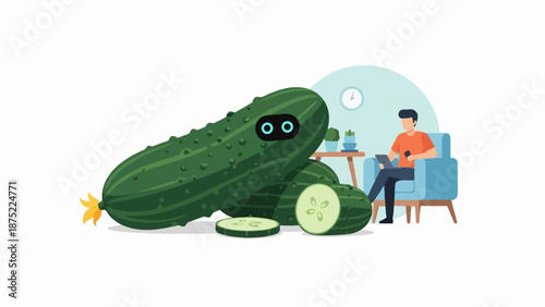 A person sits in a chair, using a tablet, with a giant robot cucumber