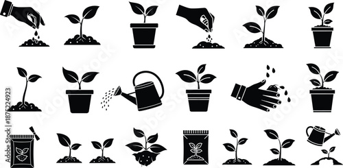 Extensive collection of gardening icons, illustrating planting seeds, growing seedlings, and nurturing potted plants