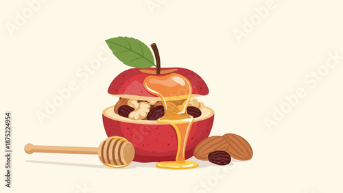 A red apple, hollowed and filled with nuts, is drizzled with golden honey