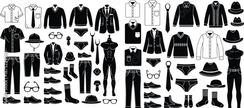 Extensive collection of mens apparel and accessories in black silhouette style for fashion themes