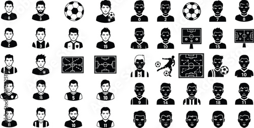 Extensive collection of soccer player avatars, footballs, and field strategy diagrams for sports applications