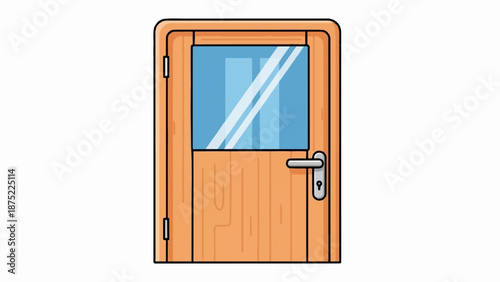 A simple illustration of a wooden door with a glass pane and silver handle