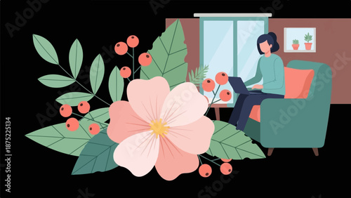A person works on a laptop while sitting in a comfy armchair next to a large flower
