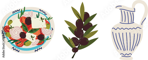 Mediterranean Greek food illustration, salad plate olives olive branch ceramic jug, traditional cuisine elements vector icons isolated design