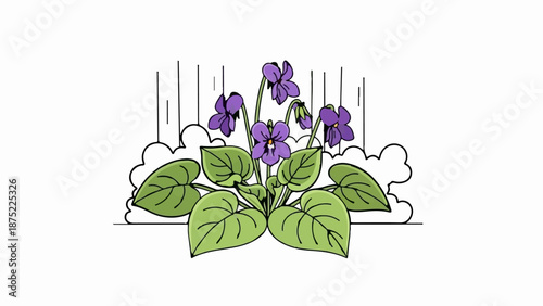 A stylized illustration of purple violets with green leaves against a simple, abstract background of vertical lines