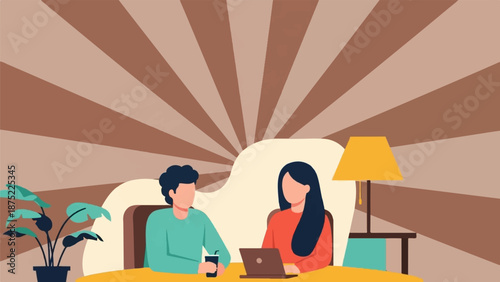 A stylized illustration of two people sitting at a table, one with a laptop, in a room with a radiating background and a lamp