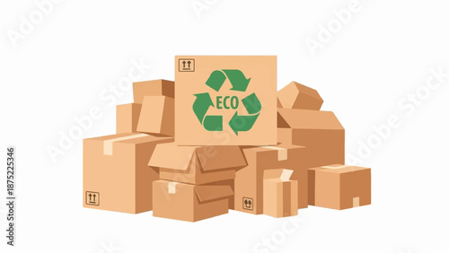 A pile of cardboard boxes, one prominently displaying a green recycling symbol and the word "ECO.