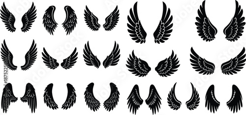 Large collection of various stylized bird and angel wings in black silhouette forms