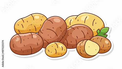 A pile of cartoon-style potatoes in varying shades of brown and yellow, some with a leaf