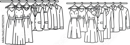 Line art drawing of various formal clothes hanging on a rack for a wardrobe collection
