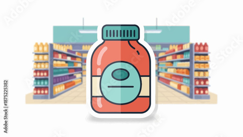 A stylized illustration shows a bottle in the foreground, with shelves of products in the background