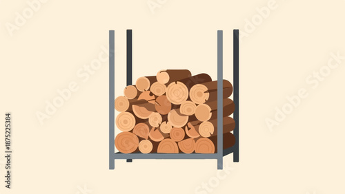 A pile of cut logs stacked neatly in a metal rack