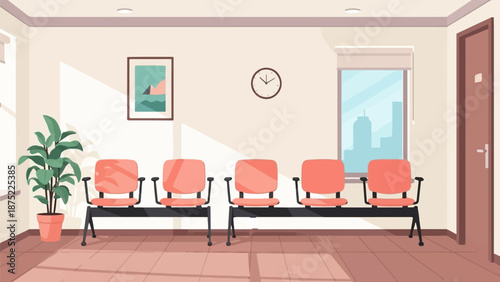 A simple waiting room with a plant, framed art, clock, and window view