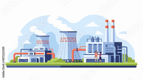 A stylized industrial plant with cooling towers and smokestacks, set against a blue sky