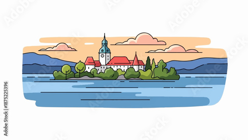 A stylized island castle with red roofs and a tall blue-domed tower rises from a lake