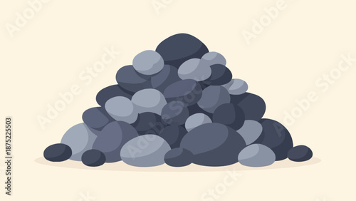 A pile of smoothed, rounded pebbles in varying shades of grey on a cream background