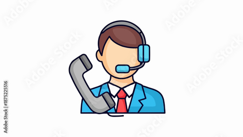 A simplified illustration of a person wearing a headset and holding a phone receiver