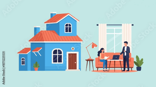 A stylized blue house and interior scene with two people on a couch