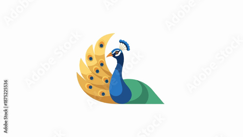 A stylized blue peacock displays its golden, eye-spotted train on a white background
