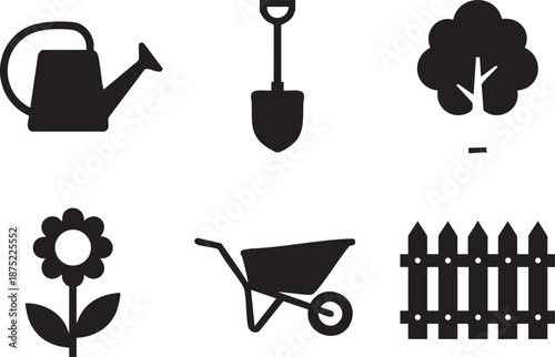 Gardening and nature icon set including watering can shovel tree and flower Silhouettes isolated on white background silhouette