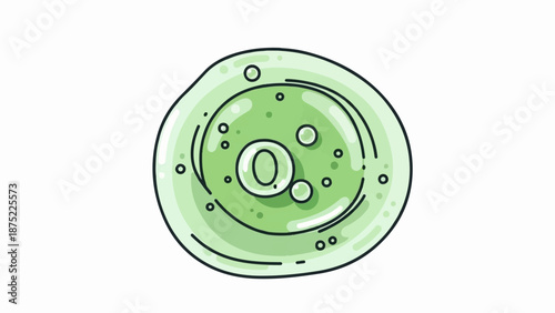A simplified, stylized illustration of a green, amoeba-like cell with internal bubbles